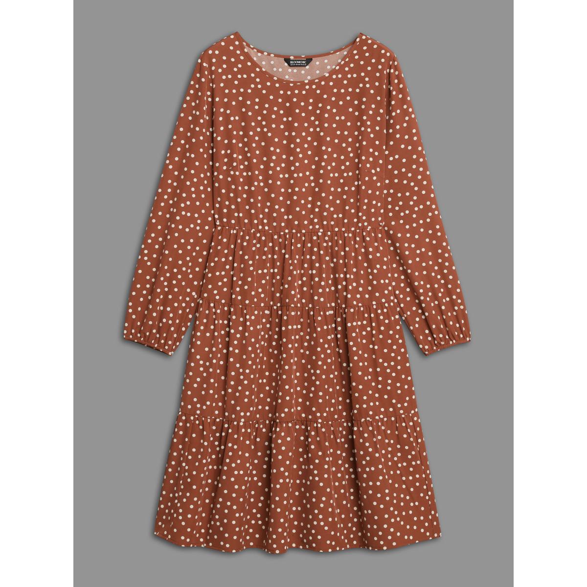Plus Size Polka Dot Waist-Cinched Tiered Dress Rust Women At the Office Ruffles Round Neck Long Sleeve Curvy BloomChic 26/4X Product Image