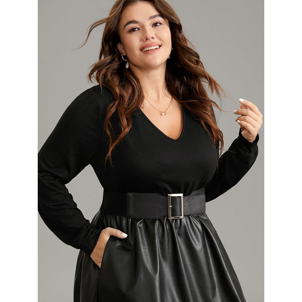 Plus Size PU Patchwork V Neck Dress With Belt Black Women Office Plain V-neck Long Sleeve Curvy Knee Dress BloomChic 26/4X Product Image
