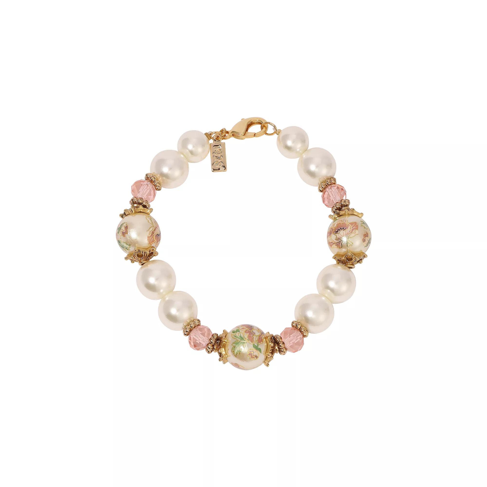 1928 Gold Tone Flower Decal Faux Pearl Pink Crystal Bracelet, Women's, White Product Image