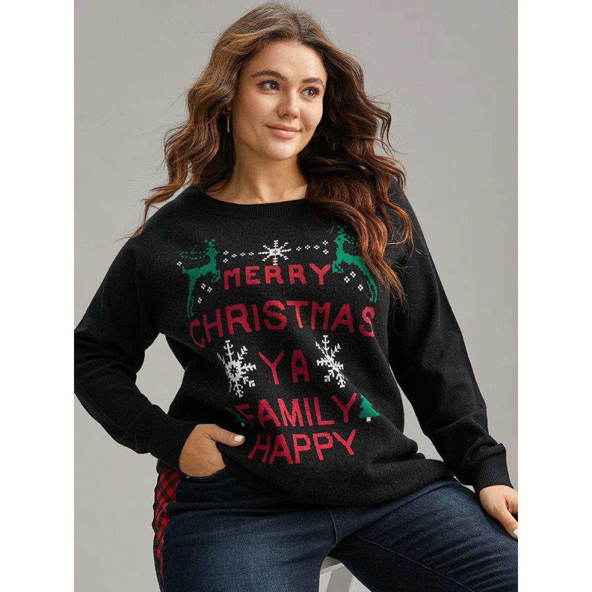 Plus Size Supersoft Essentials Christmas Elk Letter Crew Neck Pullover Black Women Casual Long Sleeve Round Neck Festival-Christmas Pullovers BloomChic 28/5X Product Image
