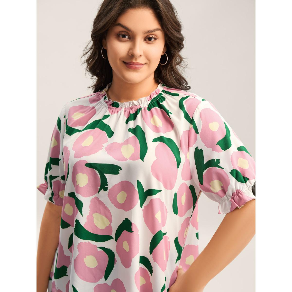 Plus Size Originalwhite Floral Print Ruffled Neck Puffy Sleeve Blouse Women Playful Short sleeve Round Neck Casual Blouses BloomChic 10/M Product Image