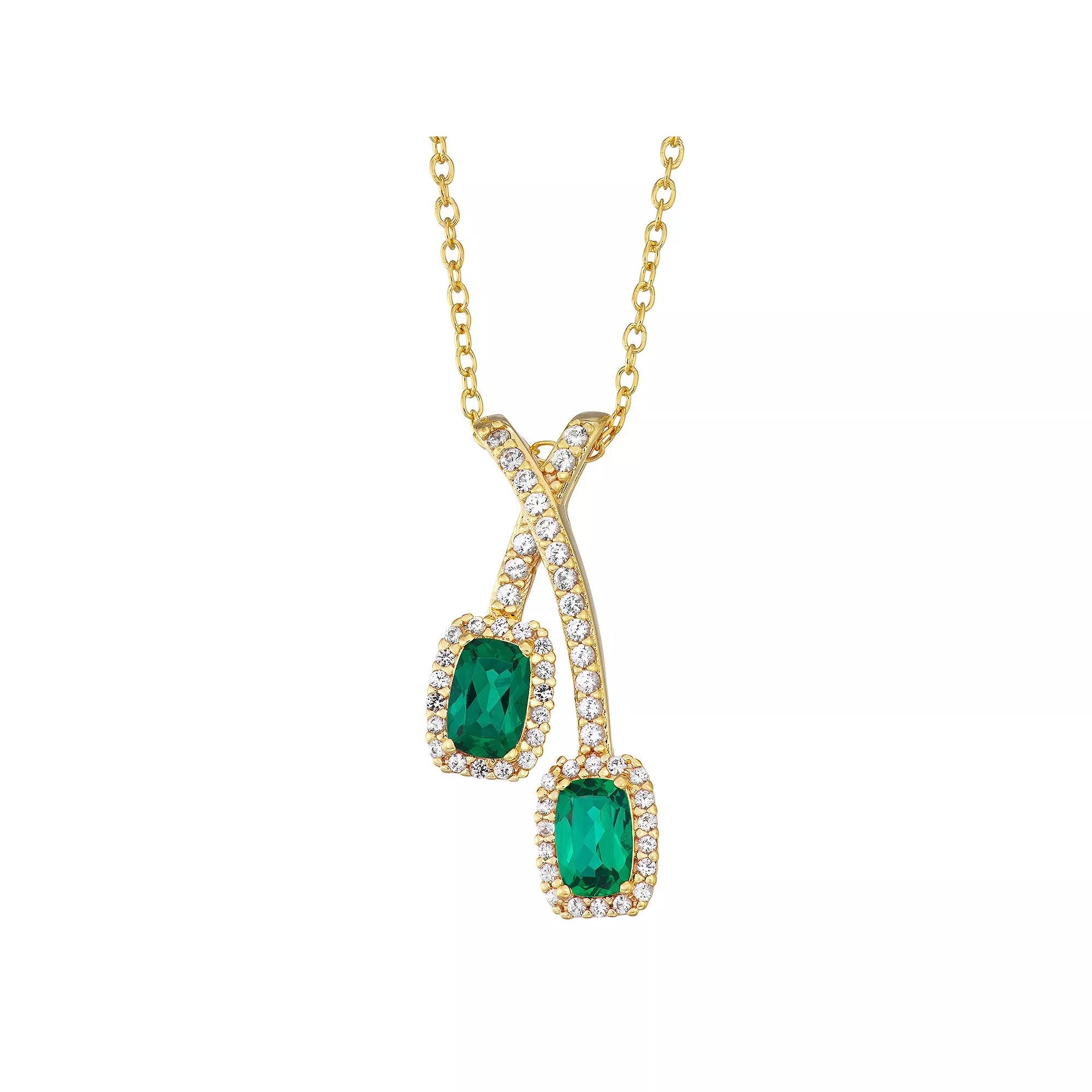 14k Gold Over Silver Lab-Created Emerald & White Sapphire Pendant Necklace, Women's, Size: 18", Gold Tone Product Image