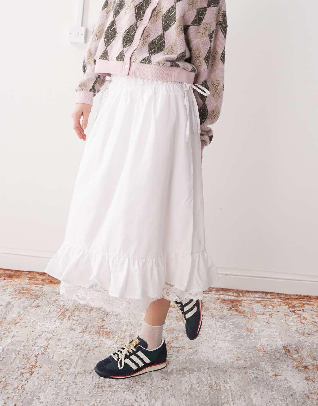 Reclaimed Vintage western cowgirl midi skirt with lace hem in white Product Image