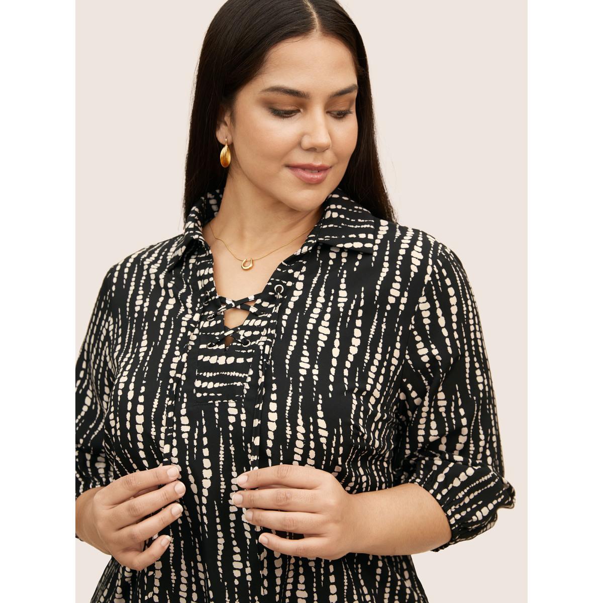 Plus Size Black Striped Lace Up Gathered Lantern Sleeve Blouse Women At the Office Elbow-length sleeve Shirt collar Work Blouses BloomChic 26/4X Product Image