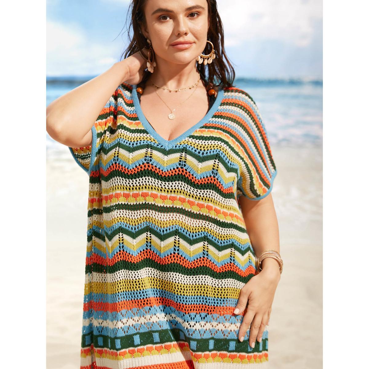 Plus Size V Neck Contrast Striped Batwing Sleeve Swim Cover Up Women's Swimwear Multicolor Beach Loose Texture Curve Swim Cover Ups BloomChic 22-24/3X Product Image