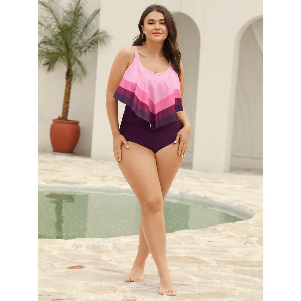 Plus Size Color Block Layered One-Piece Swimsuit Women's Swimwear Deeppurple Beach Gathered Curve Bathing Suits High stretch One Pieces BloomChic 30/6X Product Image