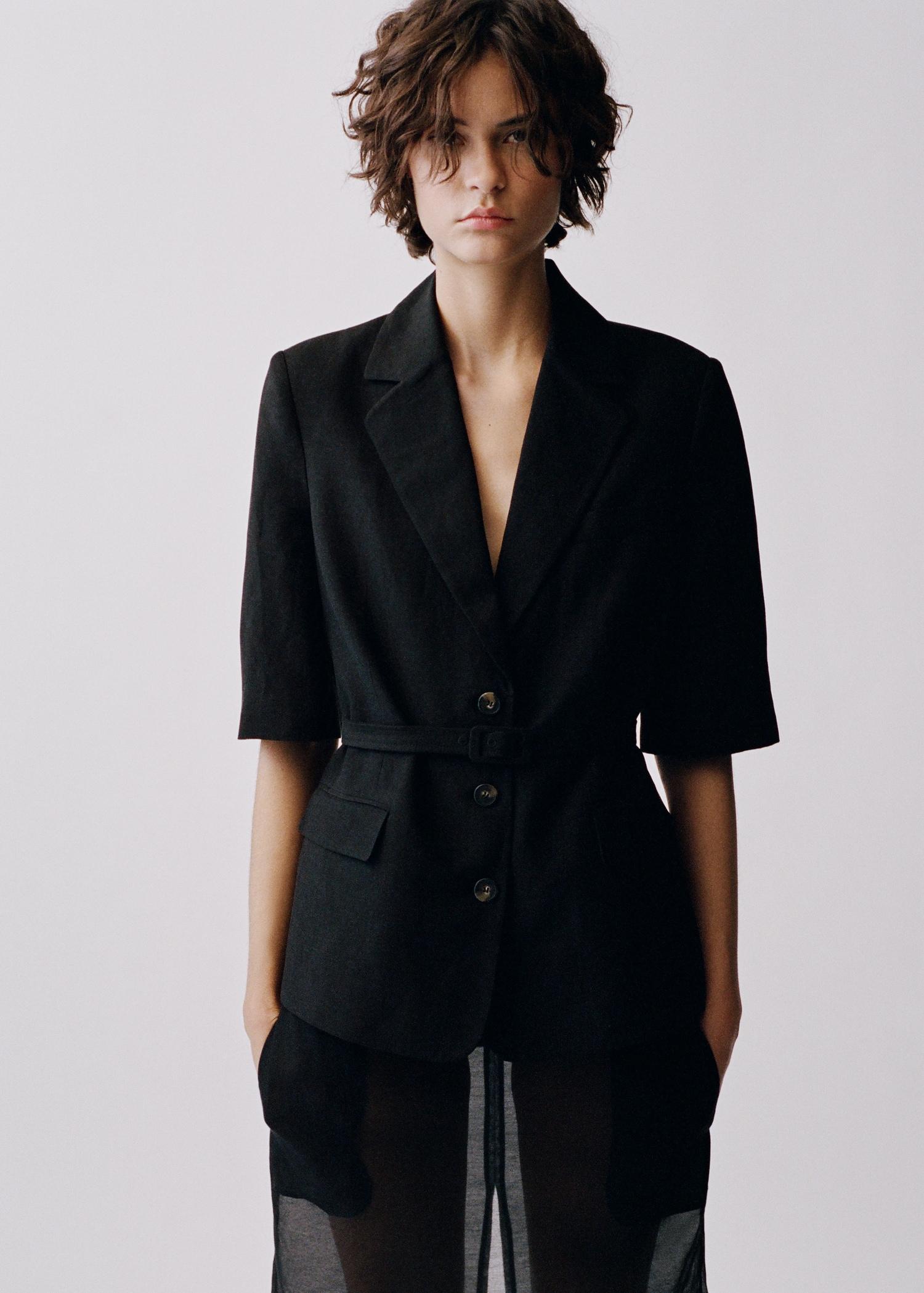 Linen-blend suit blazer with belt - Women | MANGO USA Product Image