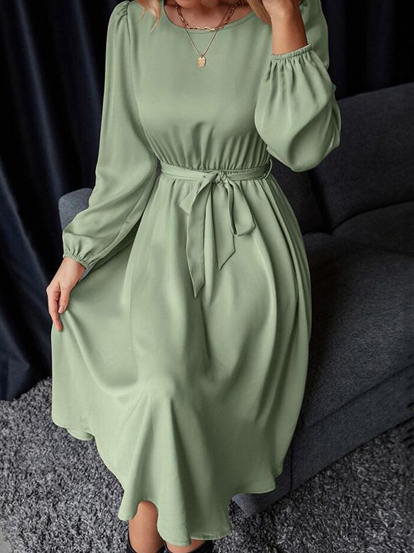 Loose Puff Sleeves Elasticity Pleated Solid Color Split-Joint Tied Waist Round-Neck Midi Dresses Product Image