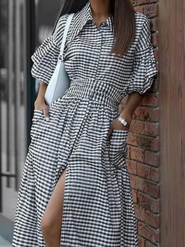 Loose Ruffle Sleeves Buttoned Plaid Pockets Lapel Maxi Dresses Shirt Dress Product Image