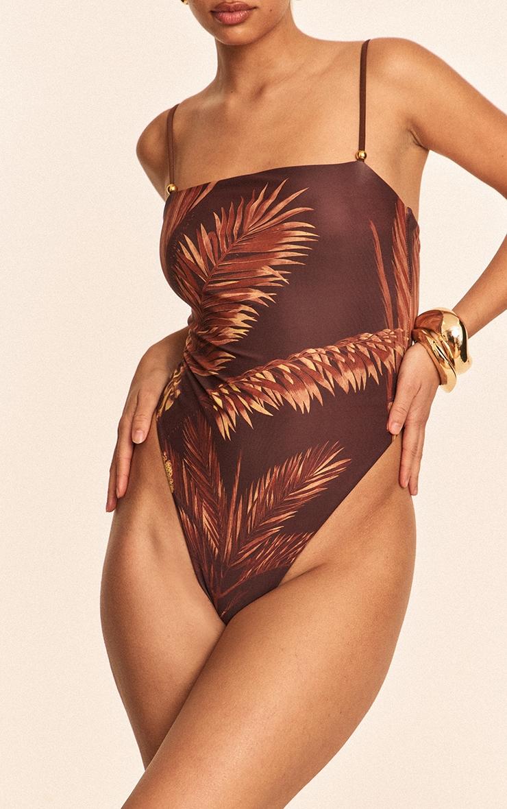 Chocolate Palm Print Strappy Swimsuit Product Image