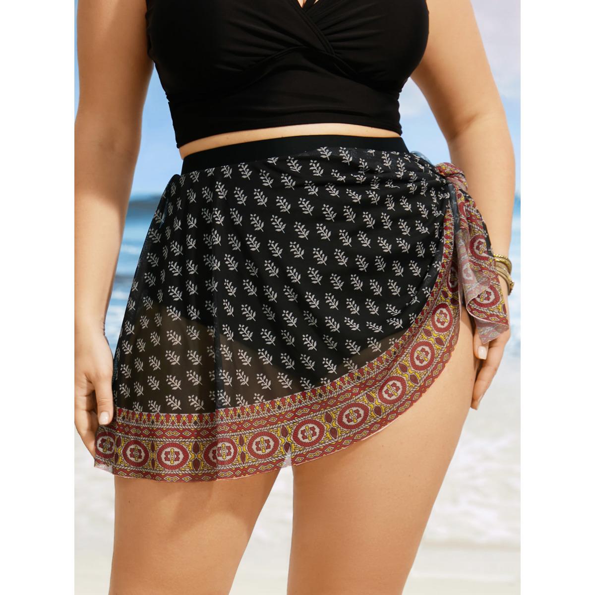 Plus Size Bandana Tie Knot Slit Hem Swim Bottom Women's Swimwear Black Beach Tie knot High stretch Bodycon High Rise Curve Swim Bottoms BloomChic 30/6X Product Image