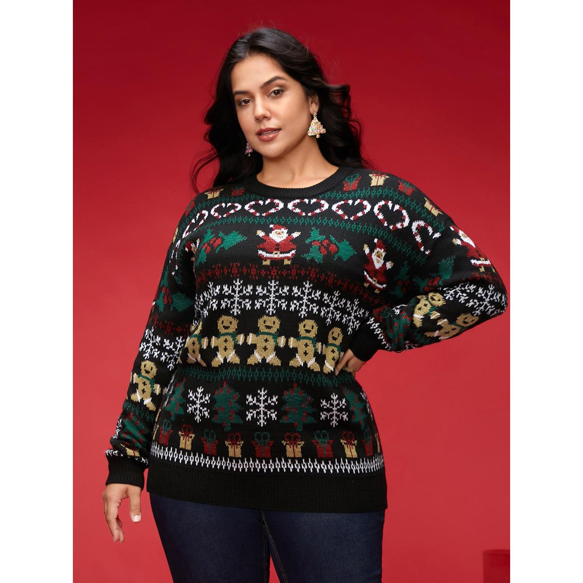 Plus Size Festive Pattern Round Neck Pullover Black Women Casual Loose Long Sleeve Round Neck Everyday Pullovers BloomChic 18-20/2X Product Image