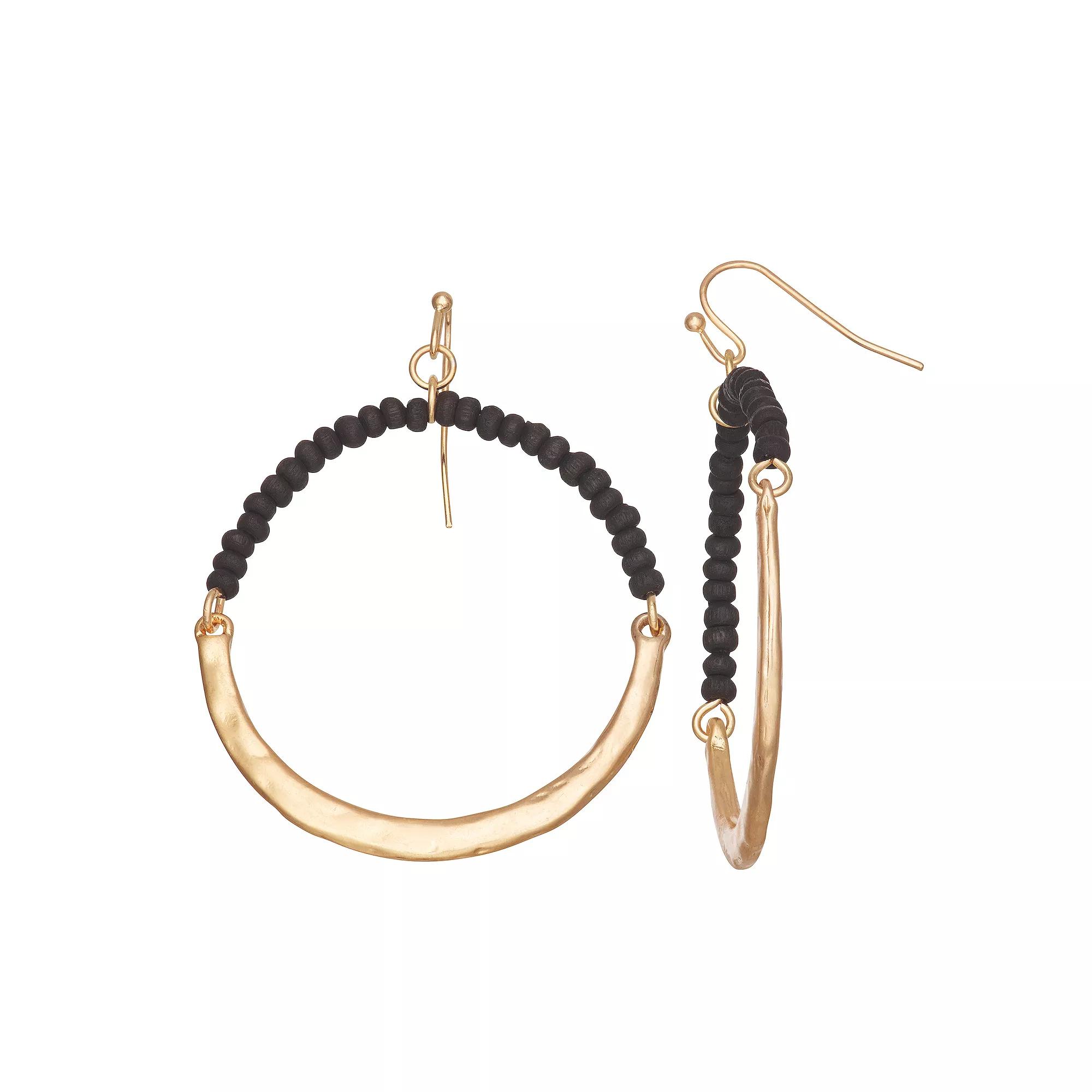 Emberly Gold Tone Wood Beaded Hoop Earrings, Women's, Black Product Image