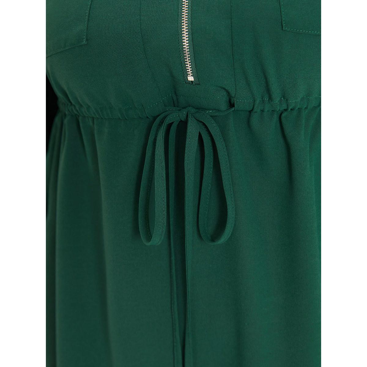 Plus Size Plain Drawstring Pocket Zipper Notched Gathered Tab Sleeve Dress Green Women Office Zipper Notched collar Half Sleeve Curvy Knee Dress BloomChic 18-20/2X Product Image