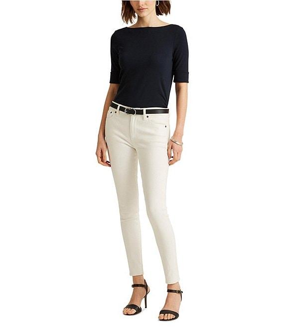 Lauren Ralph Lauren Stretch Cotton Blend Boat Neck Short Rolled Sleeve Shirt Product Image