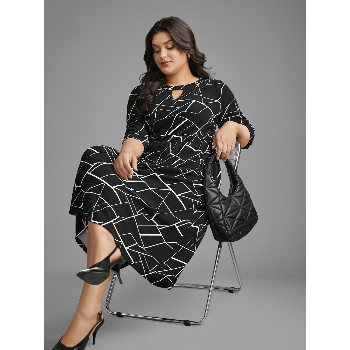 Plus Size Geometric Keyhole Elastic Waist Midi Dress Black Women At the Office Distressed Round Neck Elbow-length sleeve Curvy BloomChic 26/4X Product Image