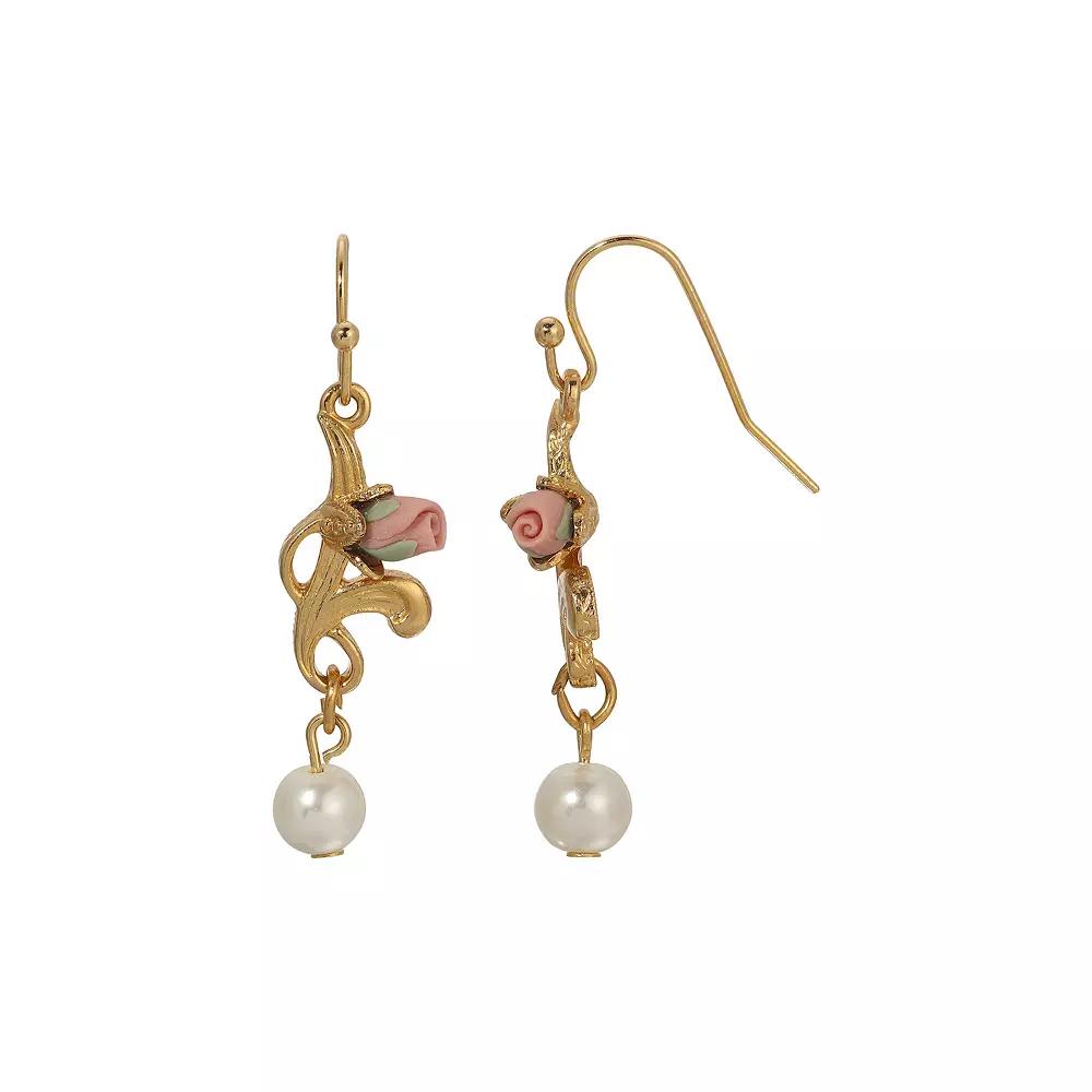 1928 Gold Tone Simulated Pearl & Porcelain Rose Drop Earrings, Womens, White Product Image
