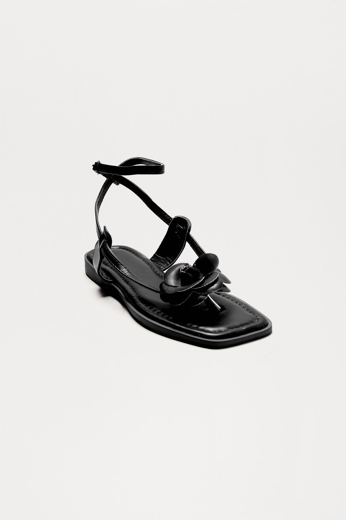 Tula Flower Faux Leather Sandals - Black Product Image