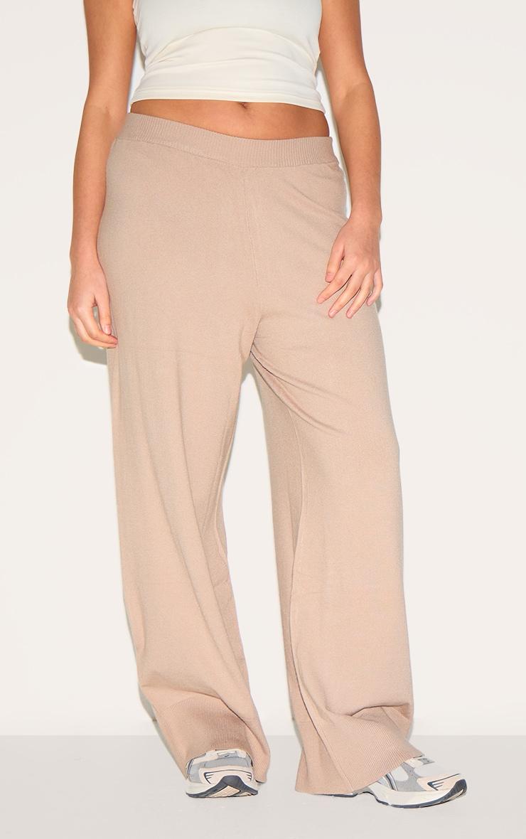 Plus Taupe Basic Knit Wide Leg Pants Product Image