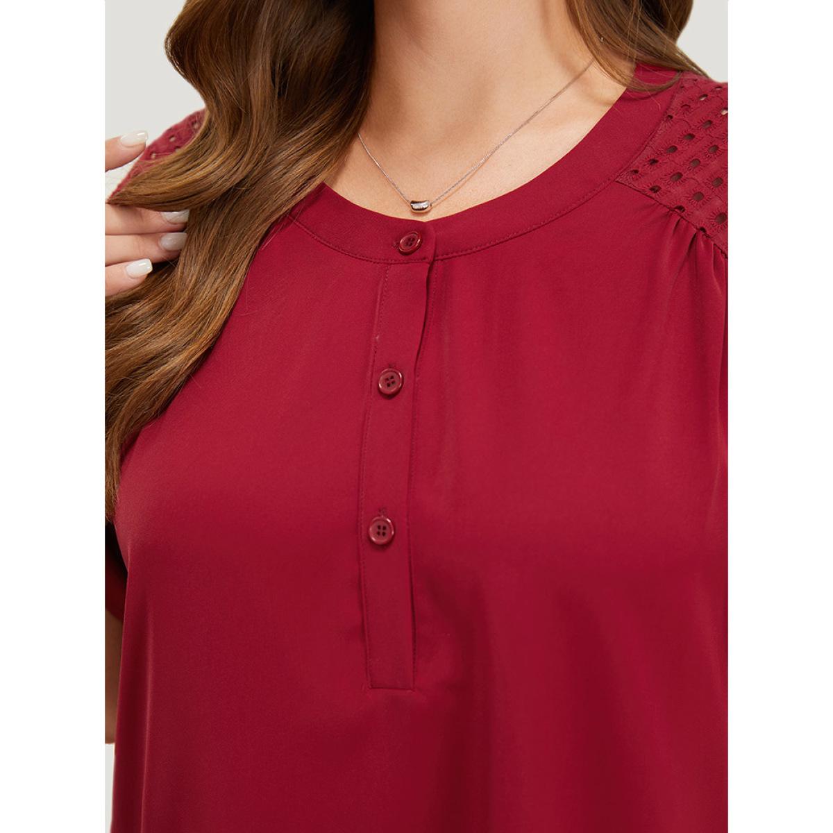 Plus Size Burgundy Plain Patchwork Cut Out Petal Sleeve Blouse Women Office Short sleeve Round Neck Work Blouses BloomChic 28/5X Product Image