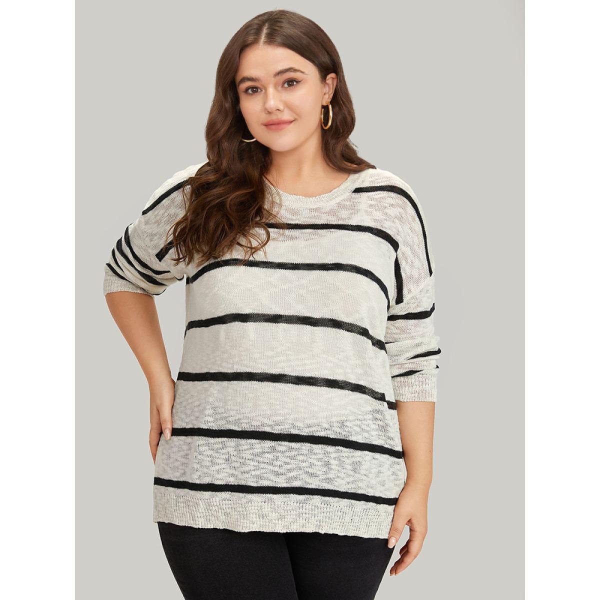 Plus Size Striped Drop Shoulder Lightweight Loose Pullover Beige Women Casual Loose Long Sleeve Round Neck Everyday Pullovers BloomChic 14-16/1X Product Image