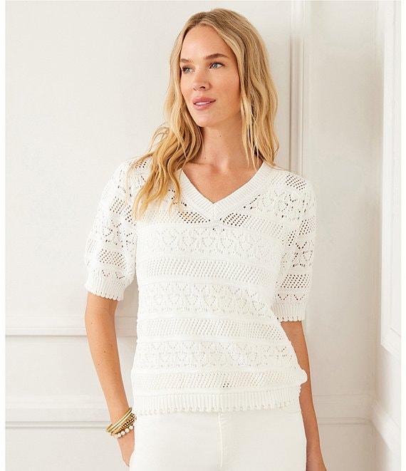 Karen Kane Cotton Crochet V-Neck Puff Sleeve Unlined Top Product Image