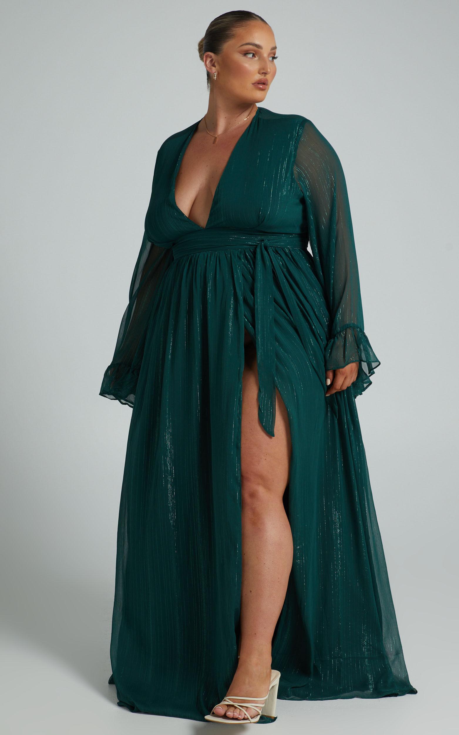 Dangerous Woman Maxi Dress - Plunge Thigh Split Dress in Emerald Product Image