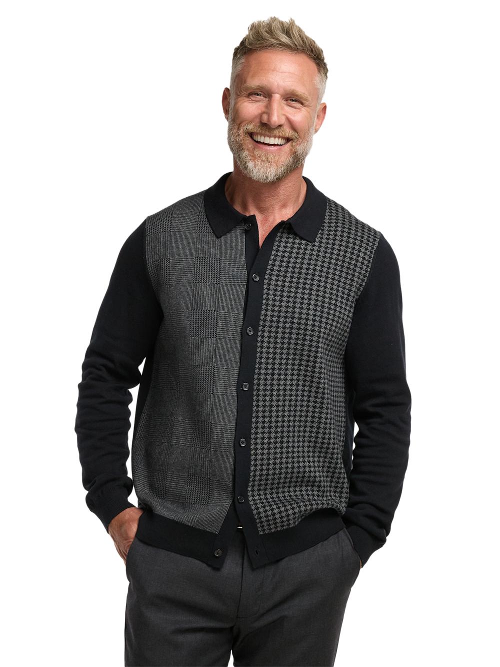 Cotton Button Front Polo - Black/grey Product Image