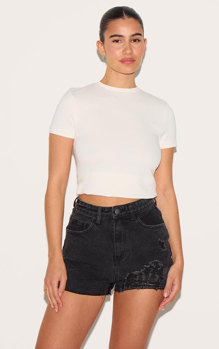 PRETTYLITTLETHING Washed Black Ripped Denim Mom Shorts Product Image