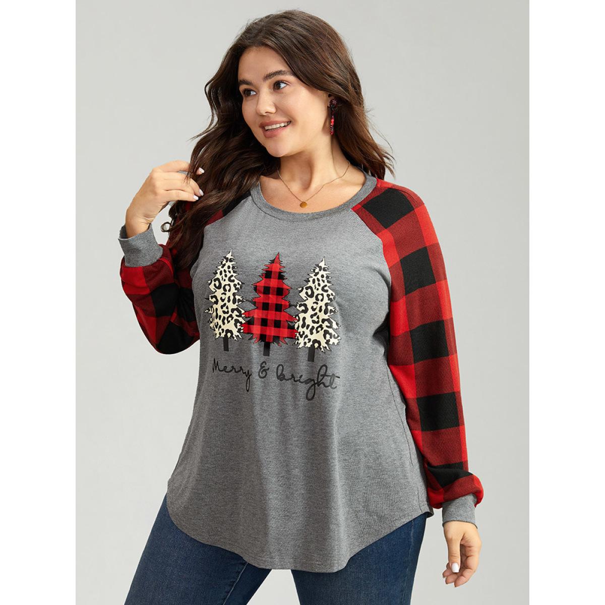 Plus Size Plaid Christmas Trees Round Neck T-shirt Gray Women Casual Contrast Christmas Festival-Christmas T-shirts BloomChic 22-24/3X Product Image
