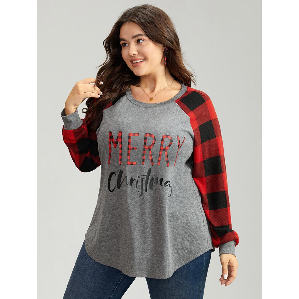 Plus Size Plaid Christmas Trees Round Neck T-shirt Multicolor Women Casual Contrast Christmas Festival-Christmas T-shirts BloomChic 14-16/1X Product Image