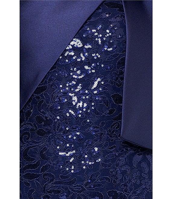 Betsy & Adam Sequin Lace One Shoulder Neck Sleeveless Bow Detail Sheath Gown Product Image