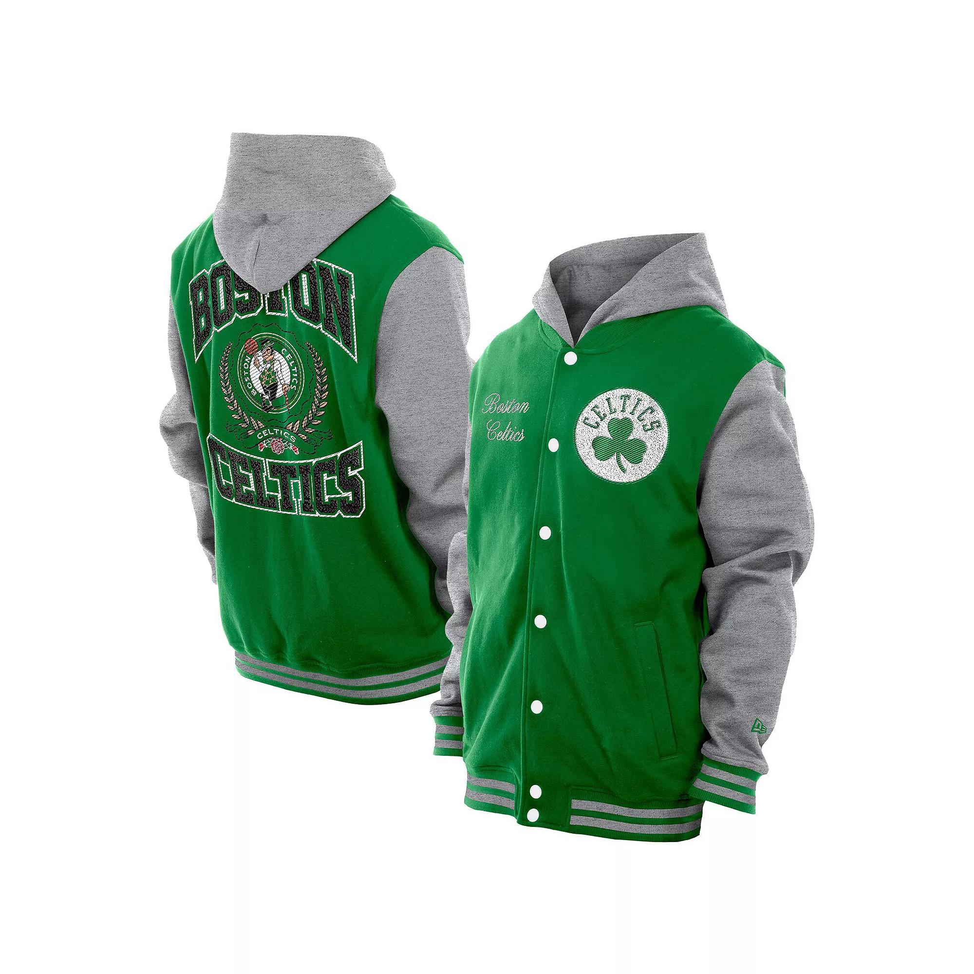 Men's New Era Kelly Green Boston Celtics Throwback Prep Chenille Full-Snap Hooded Varsity Jacket,  Product Image