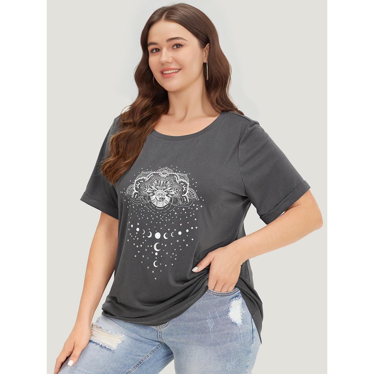 Plus Size Floral & Moon Print Crew Neck Roll Sleeve T-shirt DimGray Women Casual Printed Star and moon Dailywear T-shirts BloomChic 30/6X Product Image