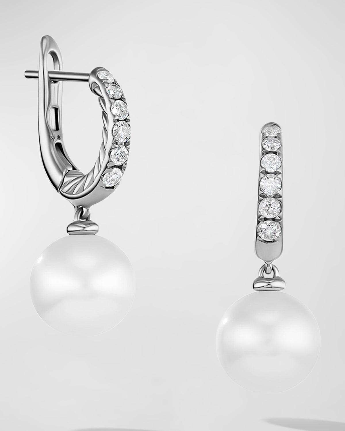 Womens Pearl and Pav Drop Earrings in Sterling Silver with Pearls and Diamonds, 15.6mm Product Image