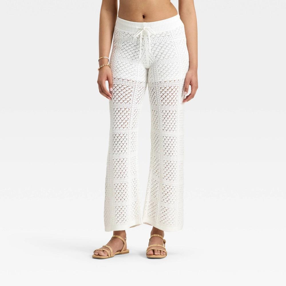 Women's Mid-Rise Wide Leg Openwork Pull-On Pants - Universal Thread™ White Product Image