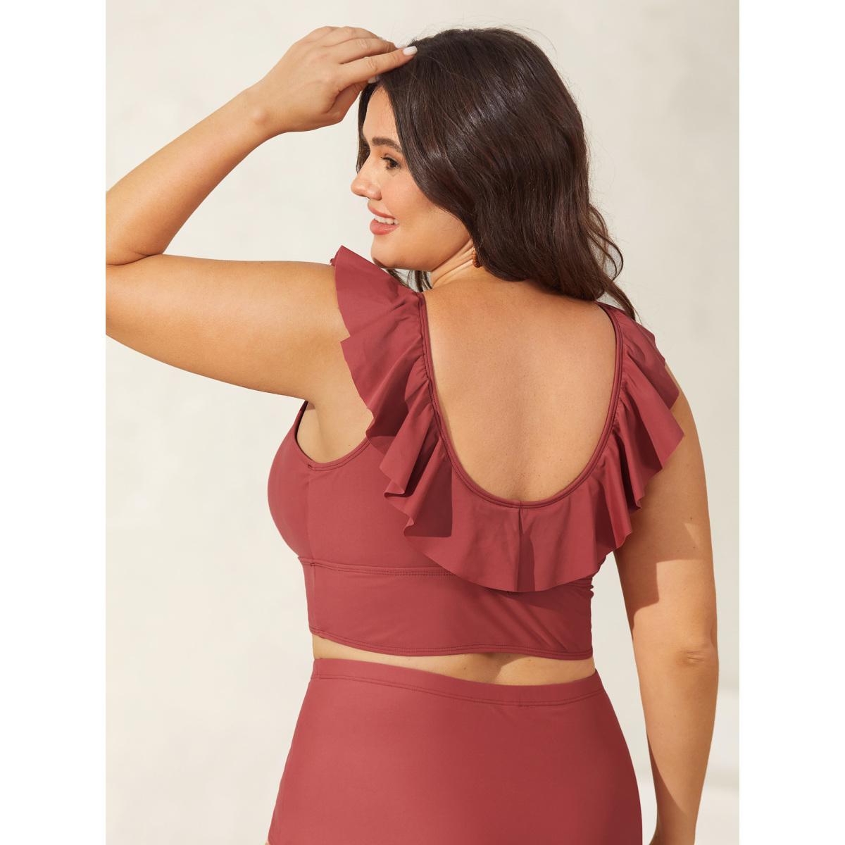 Plus Size Ruffled Drawstring Bodice Swim Top Women's Swimwear Rust Beach Drawstring High stretch Skinny V-neck Curve Swim Tops BloomChic 18-20/2X Product Image