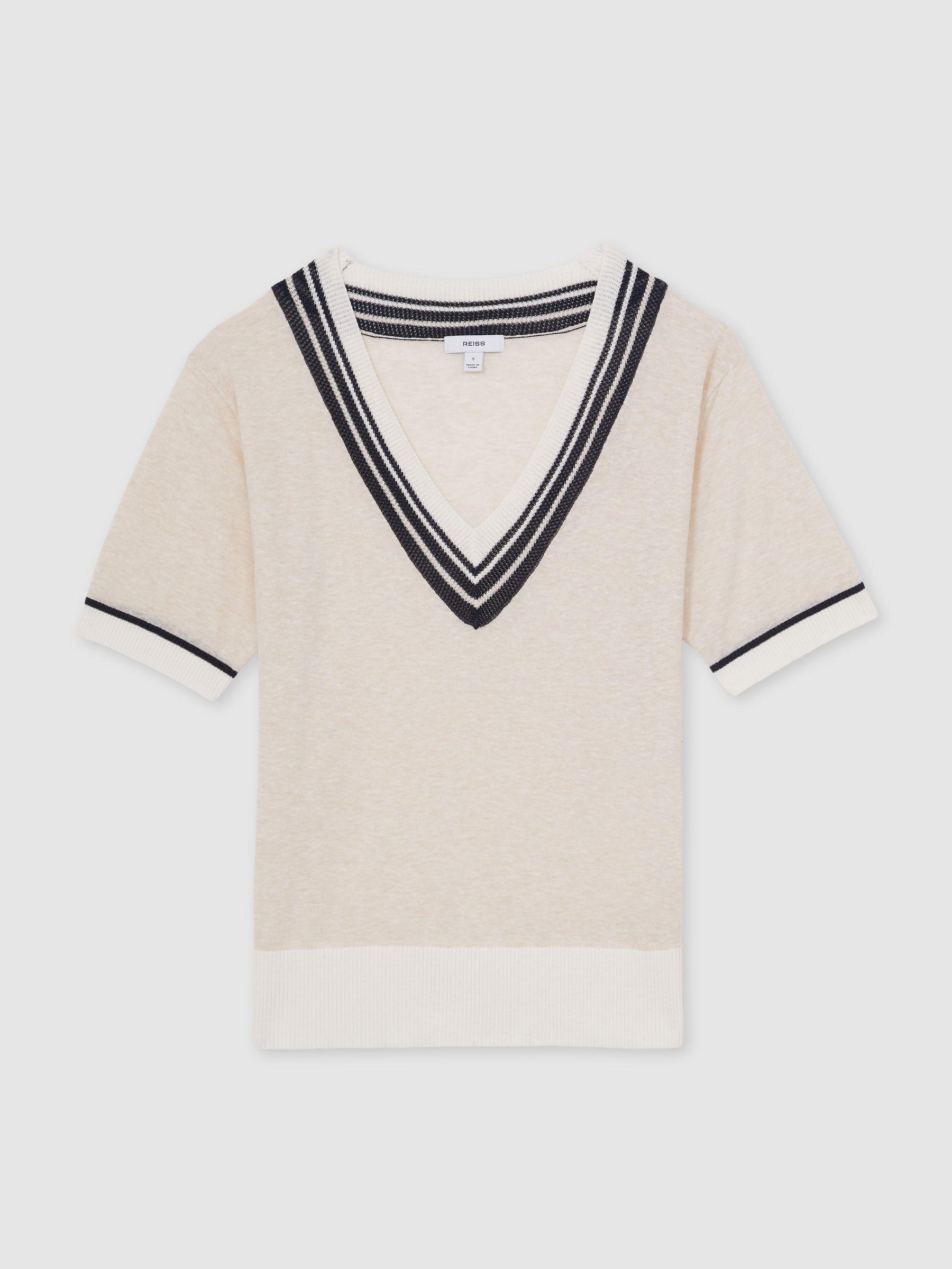 V-Neck Fine-Knit Cricket Top with Linen in Neutral Product Image