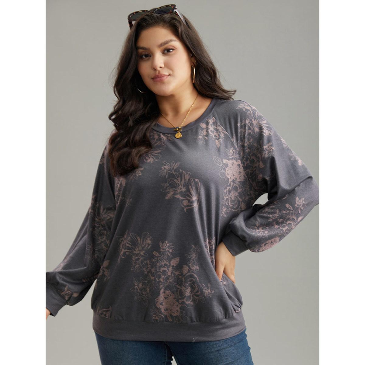 Plus Size Floral Print Round Neck Raglan Sleeve Sweatshirt Women Gray Elegant Heather Round Neck Dailywear Sweatshirts BloomChic 14-16/1X Product Image