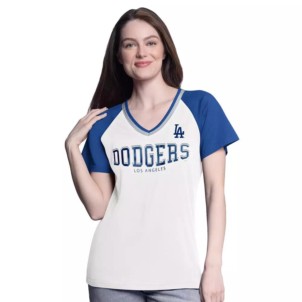 Women's G-III 4Her by Carl Banks White/Royal Los Angeles Dodgers Ball Park Raglan V-Neck T-Shirt,  Product Image