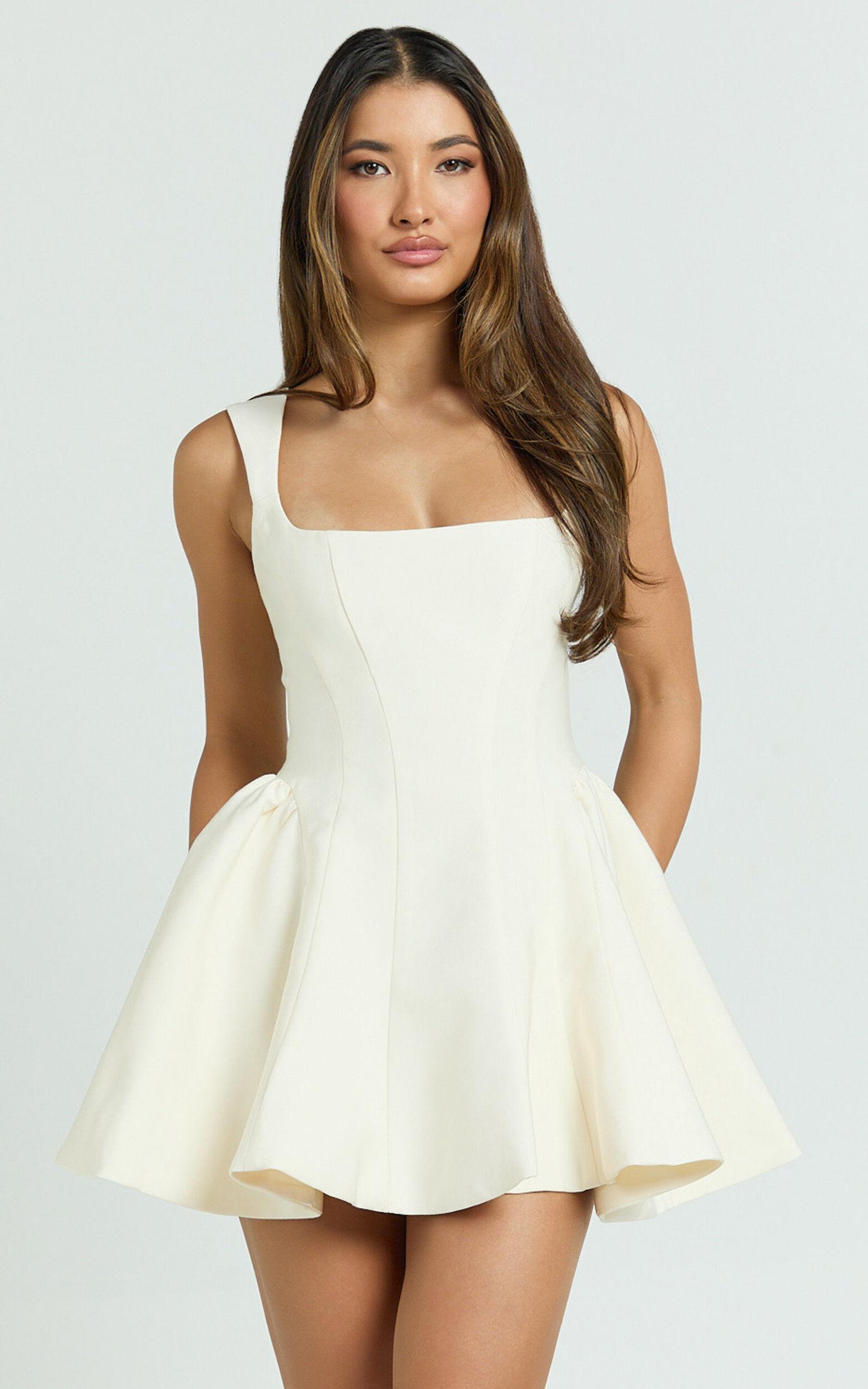 Kailee Mini Dress - Wide Strap Square Neck Fit And Flare Tulip Dress in Cream Product Image