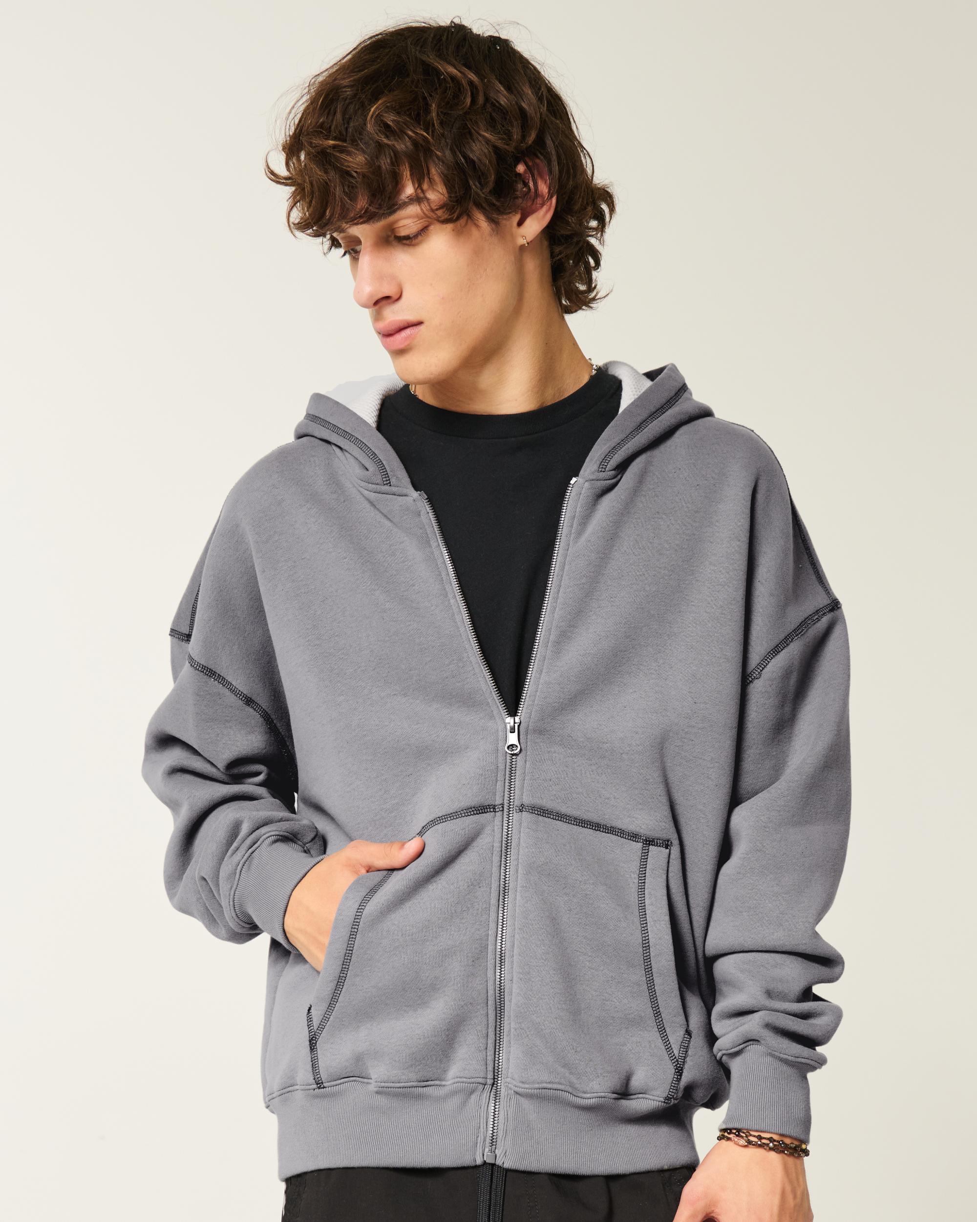 Boxy Waffle-Lined Zip-Up Hoodie Product Image