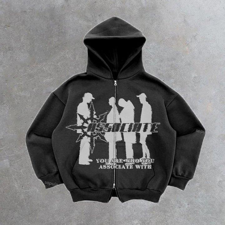 Vintage Associate Shadow Graphic Street Hip Hop Zip Up Hoodie Product Image
