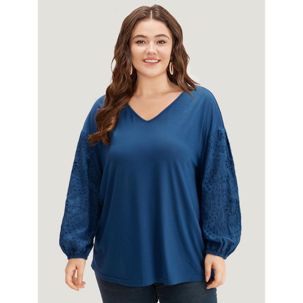 Plus Size V Neck Broderie Anglaise Patchwork Lantern Sleeve T-shirt Aegean Women Elegant Elastic cuffs Plain V-neck Dailywear T-shirts BloomChic 10/M Product Image