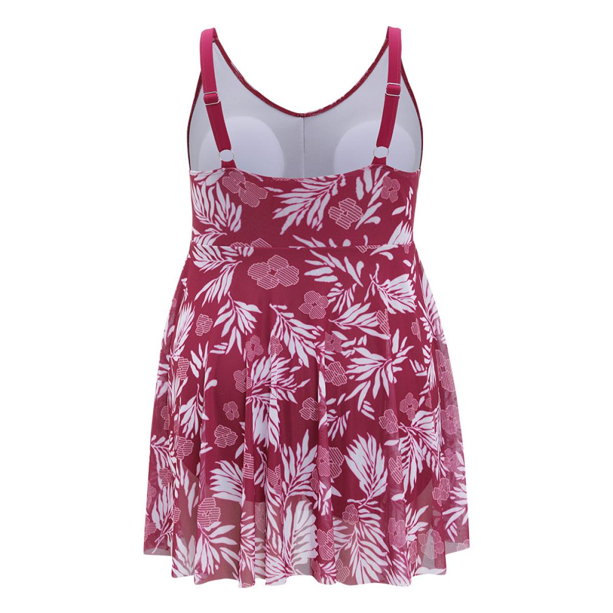 Plus Size Floral Print Adjustable Straps Flutter Split Hem Swim Dress Women's Swimwear RedViolet Vacation Bodycon Round Neck High stretch Curve Swim Dresses BloomChic 30/6X Product Image