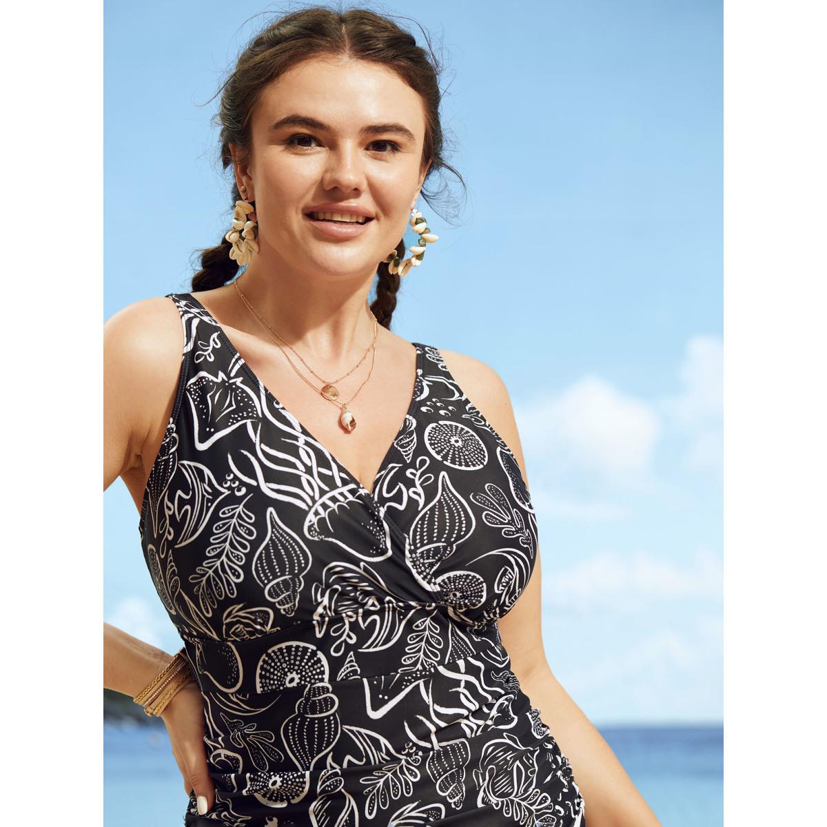 Plus Size V Neck Marine Elements Gathered One Piece Swimsuit Women's Swimwear Black Beach Gathered Curve Bathing Suits High stretch One Pieces BloomChic 22-24/3X Product Image