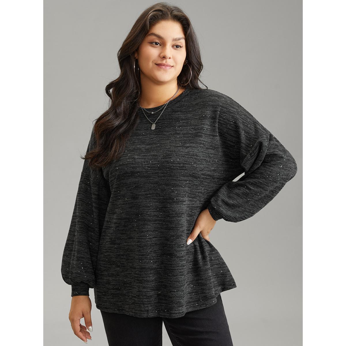 Plus Size Sequin Lantern Sleeve Drop Shoulder Sweatshirt Women DimGray Casual Sequin Round Neck Dailywear Sweatshirts BloomChic 10/M Product Image