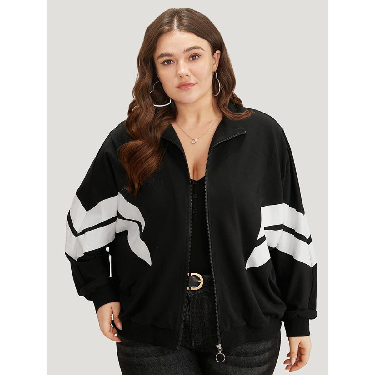 Plus Size Striped Geometric Mock Neck Zipper Jacket Women Black Contrast Everyday Jackets BloomChic 10/M Product Image