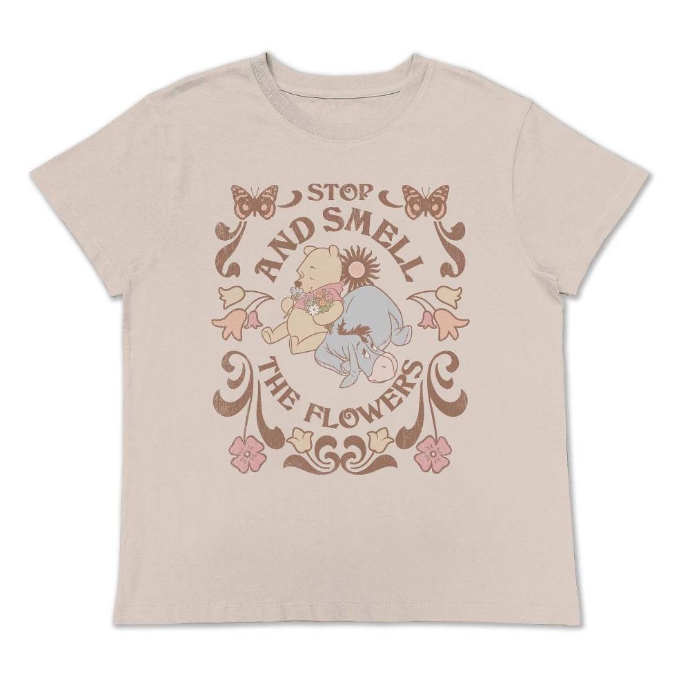Women's Winnie The Pooh Flowers Short Sleeve Graphic T-Shirt - Cream Product Image