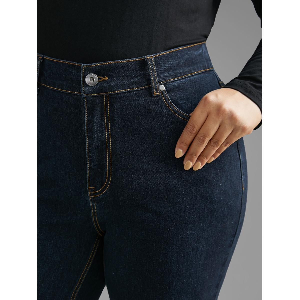 Plus Size Mid Rise Stretchy Bootcut Jeans Women Darkindigo Elegant Button Medium stretch Slanted pocket Jeans BloomChic 22/3X Product Image